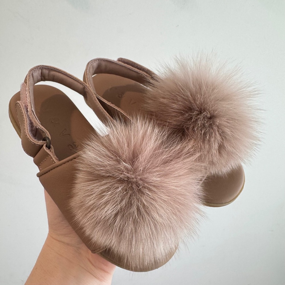 V&V Girls Pom Pom Slingback Sandals Mauve‎ Pink Faux Fur Size 30 EU